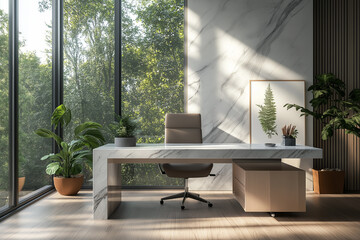 Wall Mural - A modern home office with a desk, computer, and chair, a marble floor, a large window overlooking trees.