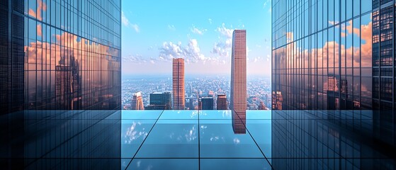 Aufkleber - Modern Skyscraper Cityscape Reflected in Urban Glass Architecture at Sunset : Generative AI