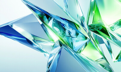 Wall Mural - abstract background with glass-like shapes, featuring blue and green colors, a geometric design, and