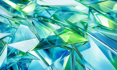 Wall Mural - abstract background with glass-like shapes, featuring blue and green colors, a geometric design, and