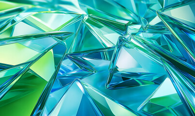 Wall Mural - abstract background with glass-like shapes, featuring blue and green colors, a geometric design, and