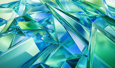 Wall Mural - abstract background with glass-like shapes, featuring blue and green colors, a geometric design, and