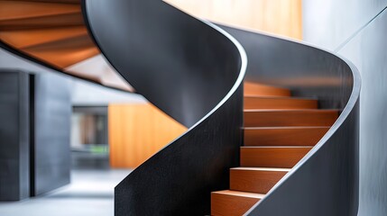 Wall Mural - Modern minimalist curved staircase with wooden steps and dark metal railing.