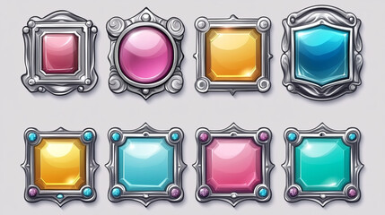 Poster - Game button with silver ornate frame. Cartoon vector illustration set of gui design elements - nameplate for menu or action. Metal deco border with pastel pink, blue and green gem stone texture.