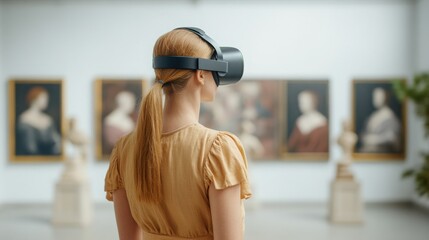 Wall Mural - A woman wearing a VR headset in an art gallery, immersed in virtual reality while enjoying art.