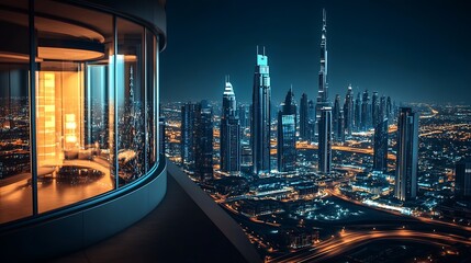 Aufkleber - Luxury Penthouse with Panoramic Night Skyline View of Iconic Cityscape : Generative AI