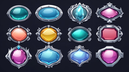 Poster - Game button with silver ornate frame. Cartoon vector illustration set of gui design elements - nameplate for menu or action. Metal deco border with pastel pink, blue and green gem stone texture.