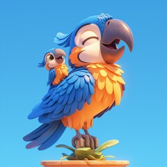 pet and friend play support. Two colorful cartoon parrots, one larger and singing joyfully while perched, with a bright blue sky in the background.