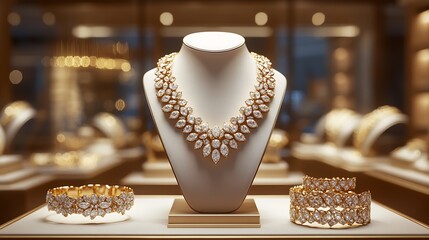 Aufkleber - Luxurious Gold Diamond Necklace Set on Elegant Display for Premium Jewelry Showcase : Generative AI