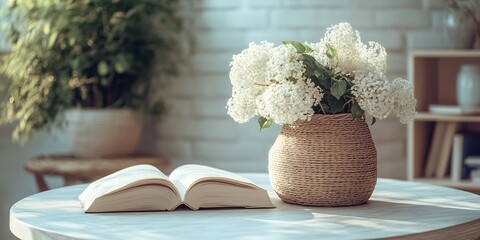 Poster - Open Book and White Flowers in Rustic Woven Vase on Cozy Table : Generative AI