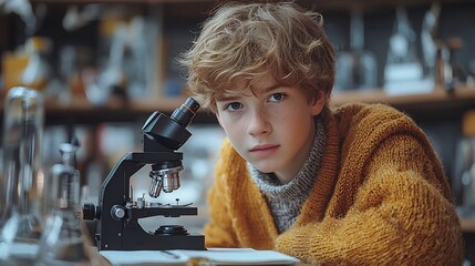Poster - young student examining life under microscope in biology classroom exploring new perspectives