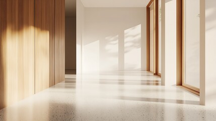 Poster - Elegant Minimalist Sunlit Hallway with Wooden and White Elements in Sophisticated Interior : Generative AI
