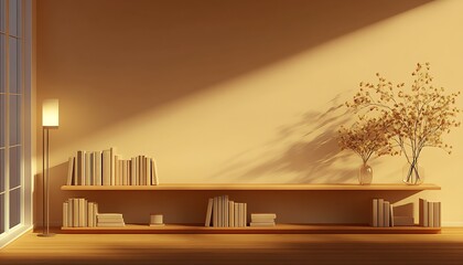 Poster - Sunlit Modern Bookshelf with Decorative Vases and Books Creating a Peaceful Ambiance : Generative AI