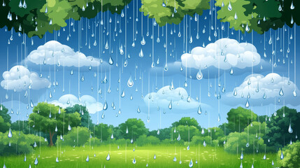 Poster - Rain weather meteo icon vector illustration. Realistic falling water droplets, element for weather forecast, wet rainy day pictogram, isolated on transparent background
