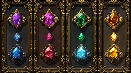 Poster - Golden vintage game frames, ui medieval square red buttons withnborders from metal, gems. Cartoon empty metallic bordering with gemstone isolated design elements, Vector illustration set