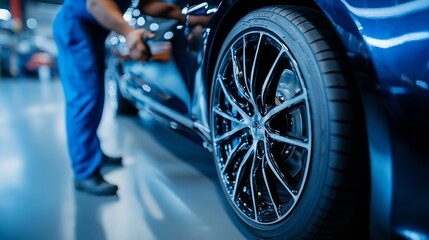 Aufkleber - Professional Mechanic Inspecting Car Wheels in Auto Repair Shop : Generative AI