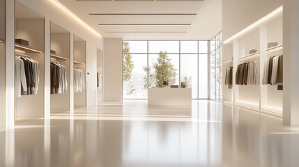 Poster - Modern minimalistic fashion boutique interior design with natural daylight and elegant ambiance : Generative AI