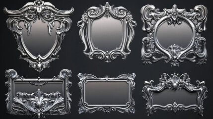 Poster - Square ui game frames, medieval silver borders. Textured ornate gui elements with curve decorated rims. Cartoon empty isolated graphic design for rpg game, avatar, level score Vector illustration, set