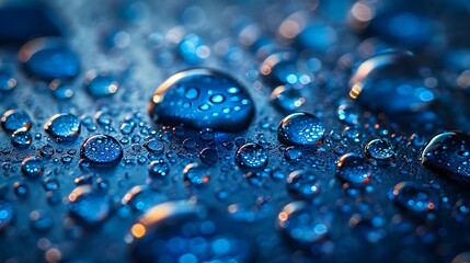 Canvas Print - Artistic macro image showcasing water droplets on smooth surface glowing under soft blue light