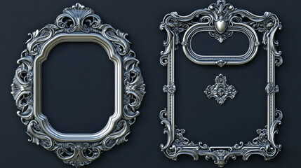 Poster - Square ui game frames, medieval silver borders. Textured ornate gui elements with curve decorated rims. Cartoon empty isolated graphic design for rpg game, avatar, level score Vector illustration, set
