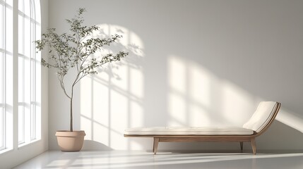 Poster - Scandinavian inspired interior with elegant chaise lounge and indoor plant in serene lighting : Generative AI