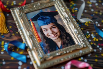 Poster - Graduation celebration with framed portrait of a student surrounded by confetti and school themed items. Generative AI