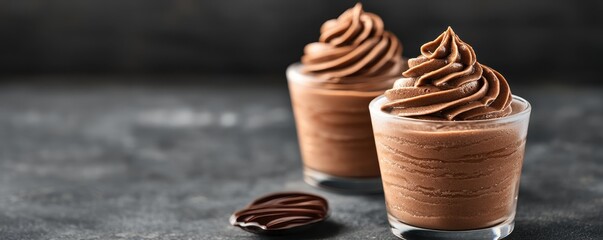 Mocha mousse rich elegant concept. Rich chocolate mousse served in elegant glasses, topped with swirls of creamy chocolate, perfect for dessert lovers.