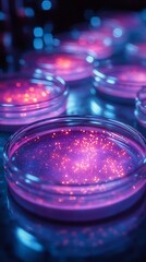 Poster - glowing modified cells in petri dish under uv light in lab setting for biotechnology research