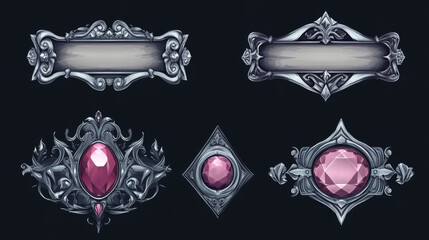 Poster - Fantasy medieval ui border. Metal frame design for rpg interface. Silver label with gem stone and ornament decoration. Vintage avatar rank graphic gui set. Empty royal banner in circle or square shape