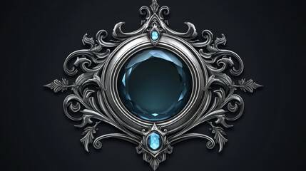 Poster - Fantasy medieval ui border. Metal frame design for rpg interface. Silver label with gem stone and ornament decoration. Vintage avatar rank graphic gui set. Empty royal banner in circle or square shape
