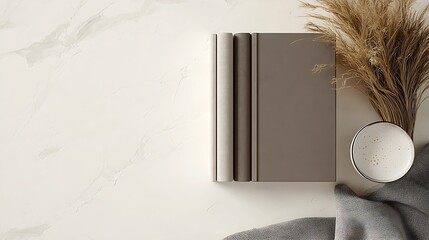 Poster - Minimalist Still Life of Coffee Books Blanket and Reed Decor on Marble Surface : Generative AI