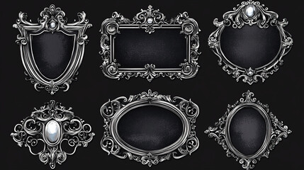 Poster - Fantasy medieval ui border. Metal frame design for rpg interface. Silver label with gem stone and ornament decoration. Vintage avatar rank graphic gui set. Empty royal banner in circle or square shape
