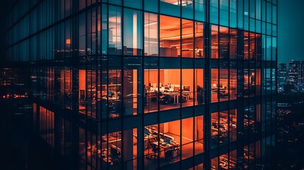 Fototapete - Vibrant Nighttime Office Building With Bright Lights And Lively City Backdrop : Generative AI