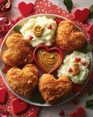 Wall Mural - American food concept for Valentine's Day. Heart-shaped fried treats with mashed potatoes and garnishes on a festive plate