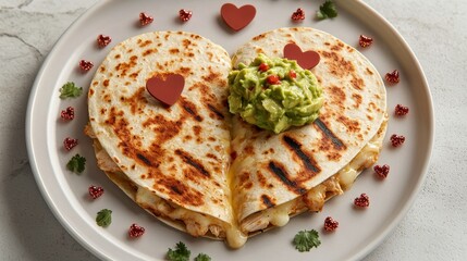 Wall Mural - American food concept for Valentine's Day. Heart-shaped quesadilla topped with guacamole and decorative hearts