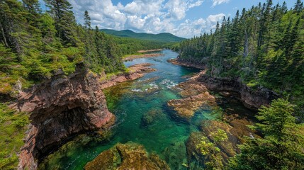 Wall Mural - Serene coastal inlet with clear water, rocky shores, and lush green forest.