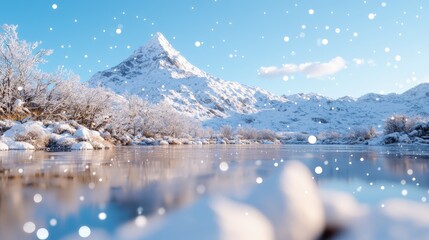 Sticker - Snowy mountain peak reflected in calm lake.