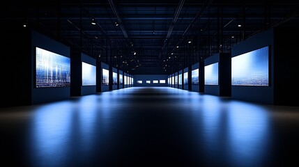 Aufkleber - Futuristic Art Gallery Hallway with Illuminated Digital Screens Exhibiting Modern Designs : Generative AI