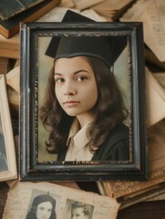 Aufkleber - Graduation portrait framed against a backdrop of school memorabilia and vintage items celebrating academic achievement. Generative AI