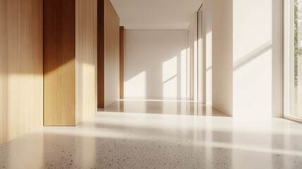 Aufkleber - Modern Sunlit Hallway with Natural Wood Paneling and Large Windows for a Light-Filled Interior : Generative AI