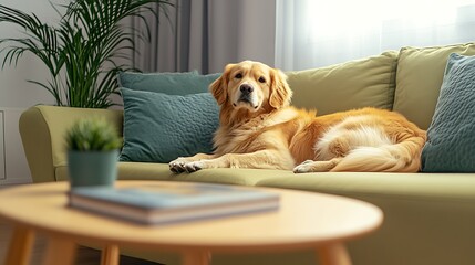 Poster - Golden Retriever Relaxing in a Bright Modern Living Room with Comfortable Decor : Generative AI