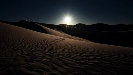 Wall Mural - moonlight shines over vast desert, casting long shadows on sandy dunes, creating serene atmosphere