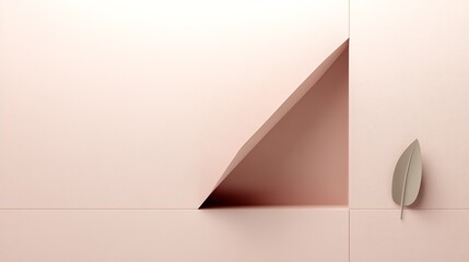 Poster - Geometric Abstract Art with Triangular Cutout and Leaf Element in Soft Pastel Tones : Generative AI
