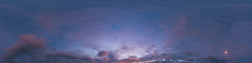 Wall Mural - 360 panorama of glowing sunset sky with bright pink Cumulus clouds. HDR 360 seamless spherical panorama. Full zenith or sky dome sky replacement for aerial drone panoramas. Climate and weather change.