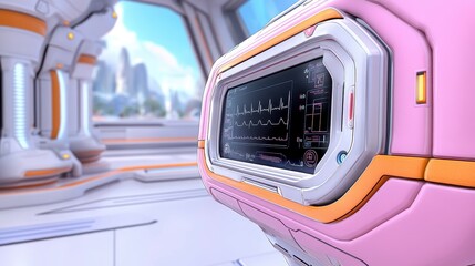 Poster - A futuristic control panel in a sleek, modern environment, featuring a pink and orange design with digital displays and an advanced interface.