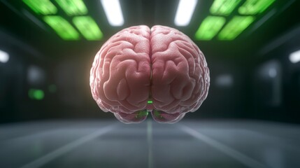 Poster - A realistic, floating human brain illuminated in a futuristic environment with green lighting and sleek surfaces.