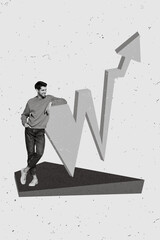 Poster - Photo artwork minimal collage picture of smiling confident guy watching trade graphics growing isolated drawing background