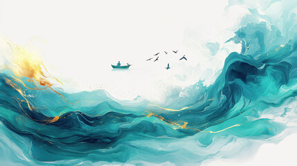 Wall Mural - a minimalist abstract landscape with fluid, layered waves in vivid emerald and cobalt hues, accented