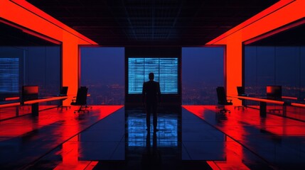 Poster - Futuristic Office Space with Neon Lighting and a Silhouette of a Person Standing Against a Digital Display in a High-Tech Environment