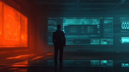 Wall Mural - Businessman Silhouette Analyzing High-Tech Data on Futuristic Screens in Dark Environment with Orange and Blue Colors Illuminating Workspace